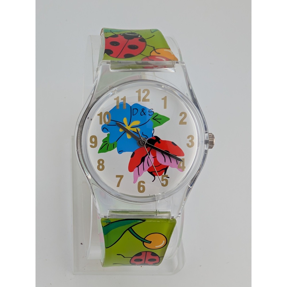 D & S‎ Imports Laydbug Watch Women 33mm Clear Case Green Band- New Battery